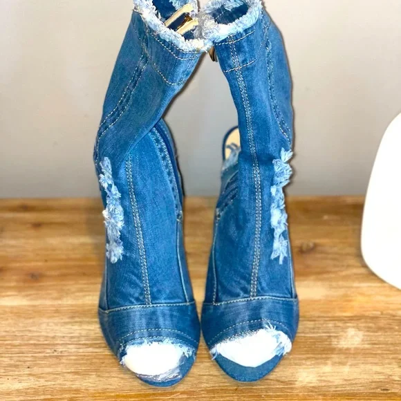 Light Blue Denim Open Toe Heels
